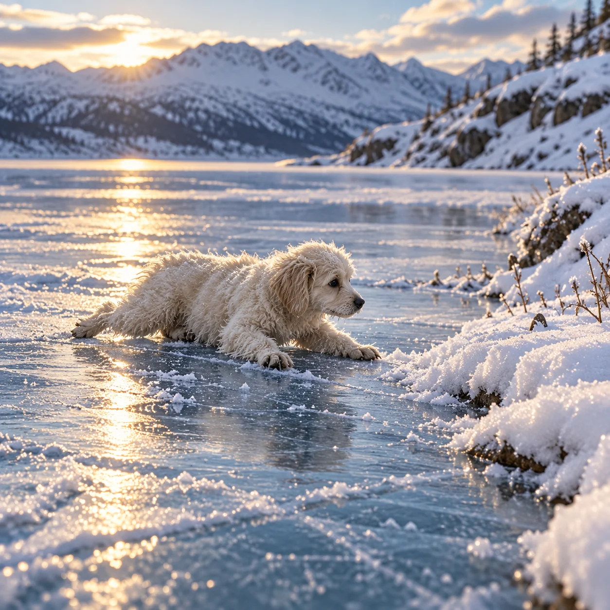 Illustration of LouLou beside a frozen Alaskan lake