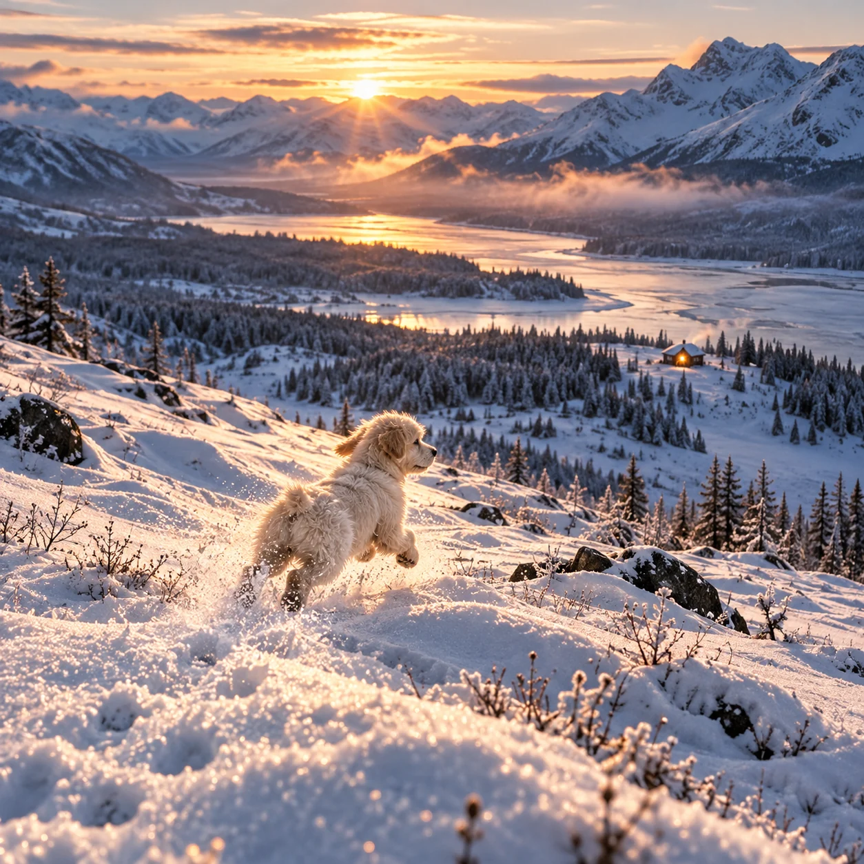 Illustration of LouLou in the snowy mountains at sunrise